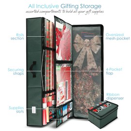 Hearth & Harbor Wrapping Paper Storage Container with Ribbon Storage Organizer - Christmas Storage Bag with Extra Interior Pockets - Gift Wrapping Organizer Storage Fits Up to 26 Rolls of 40" Length