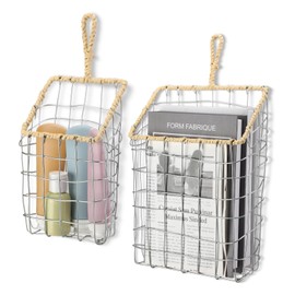 DoubleFill 2 Pcs Wall Hanging Storage Baskets Iron Wire Woven Hanging Basket with Wicker Hook Rustic Handcrafted Metal Wall Door Hanging Organizer for Home Kitchen Bathroom Pantry Organizing Mail Book