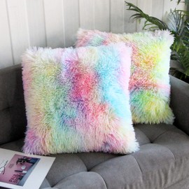 Uhomy 2 Packs Fall Winter Home Decorative Colorful Plush Pillow Cover 22"x22", Luxury Fluffy Super Soft Faux Fur Throw Pillow Cover Cushion Case for Sofa Bed Chair Unicorn Colorful 55x55 cm