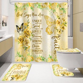Litabel 4 Pcs Yellow Butterfly Inspirational Quotes Shower Curtain Set with Rugs and Toilet Lid Cover, Colorful Boho Waterproof Fabric Bathroom Set, Bible Verse Floral Bathroom Decor Set Accessories