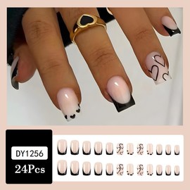 Black French Tip Press on Nails Valentine's Day Medium Square False Nails Black Fake Nails with Love Hearts Design Glossy Artificial Nails Medium Acrylic Glue on Nails Hearts Stick on Nails for Women