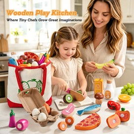 LAUGIGLE Wooden Play Food Sets for Kids Kitchen, Montessori Toy Food with Pizza Toy, Easter Eggs, Pretend Food Play Kitchen Accessories, Cutting Fake Food with Canvas Tote Bag, Birthday Christmas Gift