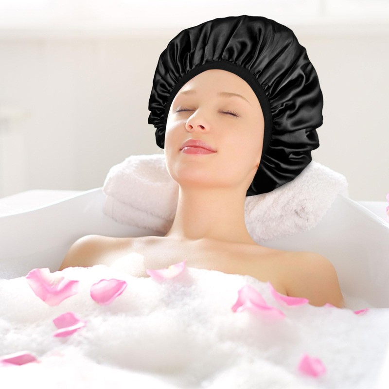 GVSS Duschhauben, schwarz, wiederverwendbar, für Damen, 27 cm, dreischichtige Duschhaube