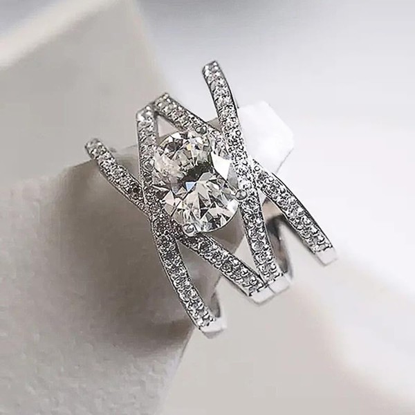 Biuhapiy Round Zircon Sparkly Ring Cross Design Ring 925 Sterling