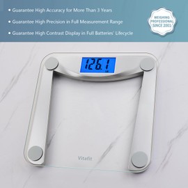 Vitafit Digital Bathroom Weight Scale for Body Weight, High Accuracy Assured by Weighing Professional Since 2001,Extra Large Blue Backlit LCD and Step-On, 400lb/182kg, Clear Glass