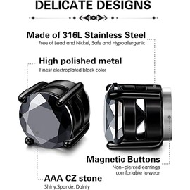 YZstyle 2 Pairs Stainless Steel Magnetic Stud Earrings for Men Women Non-piercing CZ Clip on CZ Earrings Hypoallergenic(Black + Silver)6MM-8MM (6MMBlack + Silver)