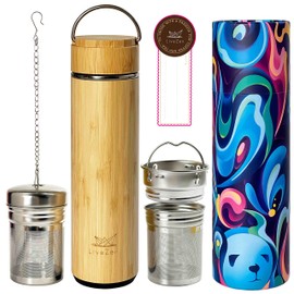LiveZen 18oz Bamboo Tea Tumbler with Lid and 2 Pack Tea Filters for Loose Leaf Tea – Stainless Steel Insulated Tea Infuser Bottle with Strainer – Tea Gift Set for Tea Lovers Men Women