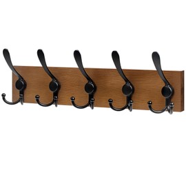 RELBRO Coat Rack Wall Mount, 16.7 Inch Wooden Wall Coat Hanger with 5 Triple Hooks, No Assembly, Brown, 2 Pcs