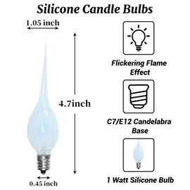PASUTO 12 Pack Christmas Flicker Flame Silicone Candle Lights Bulbs, C7 Clear Silicone Flickering Decorative Light Replacement Bulbs for Electric Candle Lamps, Chandelier, E12 Candelabra Base, 1Watt