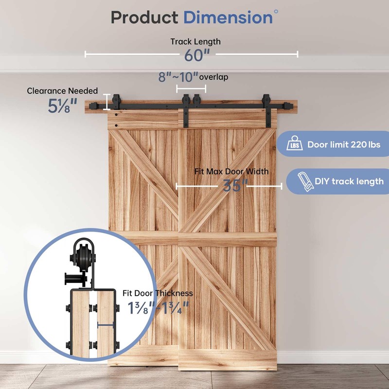 EaseLife 5FT Bypass Double Sliding Barn Door Hardware Kit, Single