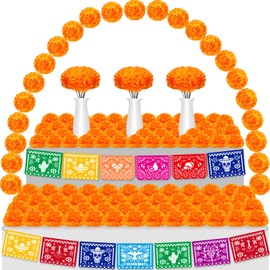 118 Pcs Mexican Party Decorations Include Marigold Flowers Dia De Los Muertos Banner for Day of The Dead Cinco De Mayo Mexican Fiesta Party Diwali Supplies (Orange)