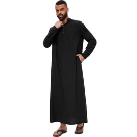 YAOHUOLE Muslim Thobe Button down Kaftan Robe Black 3XL