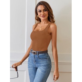 MEROKEETY Women's 2025 Ribbed Tank Tops Knit Square Neck Sleeveless Shirts Summer Casual Basic Tanks, Caramel, Small