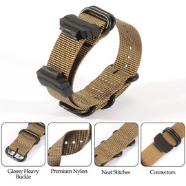 WRISTARMOR 16mm Adapters and HD Conversion RAF Nylon Watch Strap Kit Replacement for GShock DW-5600 DW-6900 GA700 GA100 watch band for men, Khaki, 16mm, Military