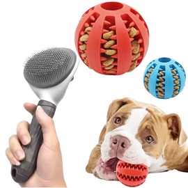 Lavarion 2 Treat Ball Toys for Dogs – Works with Dog Treats – With Dog Grooming Brush Featuring Automatic Hair Removal Button – Boredom Buster Bundle for Puppies and Dogs