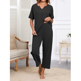 Famulily Loungewear Sets for Women Short Sleeve V Neck Summer 2 Piece Outfits Nightwear Leisure Wear Sleepwear Pajamas (S, Black)