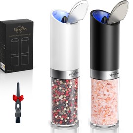 Sangcon Gravity Electric Salt and Pepper Grinder Set, Upgraded 8 Oz Capacity, Integrated Dust Cover Pepper Shakers, Battery Powered One-Handed Automatic Mill, Adjustable Coarseness(Black+White)