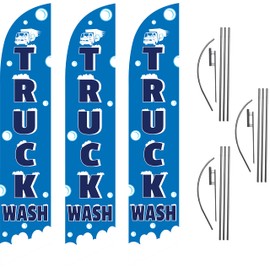 GLOBAL ADVERTISING SOLUTIONS Three Truck Wash Blue Feather Flag Eye Catching Banner Sign for Business and Marketing Complete Set of three with 15 ft Pole Kit and Ground Spike