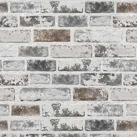 Brick Wallpaper Peel and Stick Wallpaper 17.3"x197" Grey and White 3D Brick Wallpaper Self Adhesive Vintage Wallpaper Removable Textured Contact Paper for Fireplace Kitchen Home Decoration Vinyl