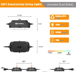 50FT LED Construction String Lights, 75W Super Bright 7500LM Plug in Linkable String Work Lights, 5000K Waterproof IP67 Temporary Lighting for Construction Sites, Jobsites, Indoor & Outdoo