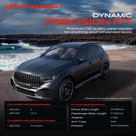 A-Premium Pack of 2 Front Windshield Wiper Blades with Wear Indicator & Towel - Compatible with Mazda 3 2019-2024, CX-9 2007-2015 & Mitsubishi Outlander 2022-2024 - 26" and 17", Hook Connector