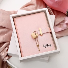 Poshieca Heart Shaped Lock Diary with Key PU Leather Cover Journal Personal Organizers Secret Notebook for Girls & Women B6 Size 5.3x7inch (Pink Diary With Name Print)