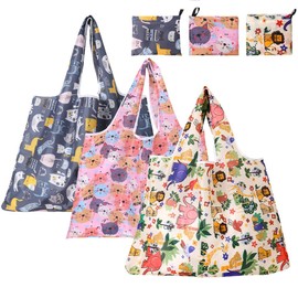 QLTYTUI Pack of 3 Large Reusable Shopping Bags, 58 x 68 cm, Foldable Spacious Carry Bag, for Shopping, Travel, Trips, coloured