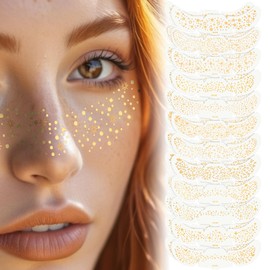 24 PCS Glitter Freckles Face Tattoo Gold Sparkle Freckles Glow Up Faux Freckle Makeup Patches Temporary Face Tattoos Freckle for Women Kids