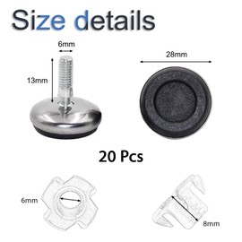 INCREWAY Adjustable Furniture Levelers, 20 Pack M6 Furniture Sliders with Base Plate for Table and Chairs, Threaded Shank Leveling Feet T Nuts