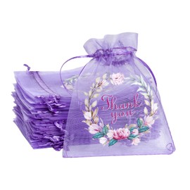 50 Pcs Organza Bags Thank You Printed Satin Drawstring Organza Pouch Candy Bags Wedding Party Favor Gift Bag Jewelry Pouch (Light Purple, 4×4.8 Inch)