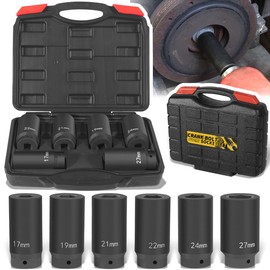6 Pack 1/2’’ Drive Crank Bolt Socket Set, 17MM, 19MM, 21MM, 22MM, 24MM, 27MM, Harmonic Balancer Socket Set, 1/2-Inch Metric Deep Impack Socket Set, 3 Times Momentum Power of Standard Impact Sockets