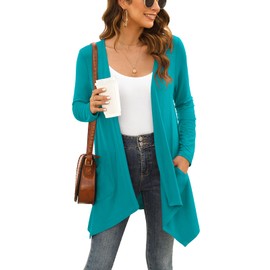 Veryoung Long Sleeve Cardigan for Women Lightweight Solid Casual Open Front Drape Light Knit Duster Fall Cardigans with Pockets 2024,Teal,M