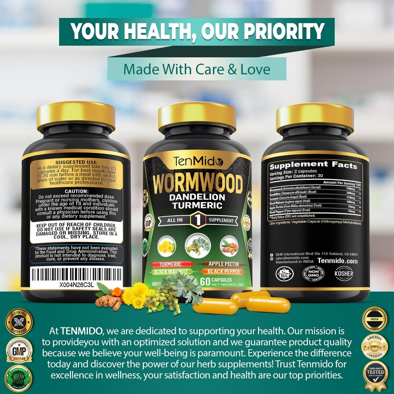 Wormwood Supplement - 6in1 with Dandelion, Turmeric, Black Walnut, Apple