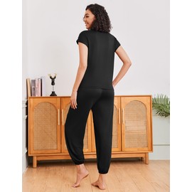 Ekouaer Pajamas for women 2 Piece Lounge Set Cap Sleeve Sleepwear Joggers Pants Pjs with Pockets,Black,XL