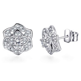 Women's 925 Sterling Silver Love Rose Flower Stud Earrings White Gold-Plated CZ Diamond Earrings Stud Earrings for Women Girls, Silver, Cubic Zirconia