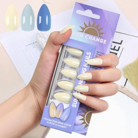 MrCuvaryas Colour-Changing Press On Nails Almond - French False Nails for Sticking, Natural Acrylic Artificial Nails, UV Reactive Artificial Nails for Women DIY, 24-05 (Blue Light Change, 24 Pieces)