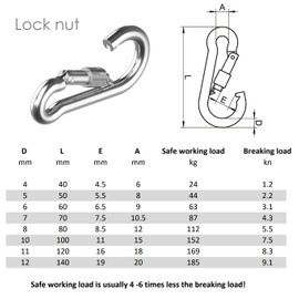 J Clarke Marine Pack of 2 - Carabiner snap hook with safety lock nut 316 A4 stainless steel 50mm 60mm 70mm 80mm 100mm 120mm140mm (12mm x 140mm)