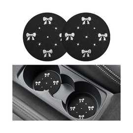 KHGUZ Bling Car Coasters, 2PCS Rhinestone Bow Anti-Slip Vehicle Cup Holder Pad, Diamond Spill-Proof Automotive Insert Water Bottle Protective Mat Accessories, Universal Fit (Silver)