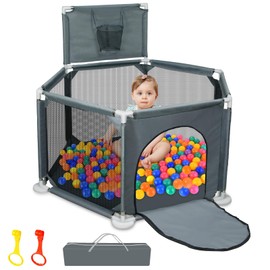 Baby Playpen, 50x50 Inch Playpen for Babies and Toddlers, Small Baby Play Yard, Indoor Outdoor Safety Activity Center Play Pen with Breathable Mesh and Basketball Hoop, Grey (Ball Not Included)