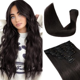 S-noilite 16 Inch Clip in Hair Extensions 100% Human Hair 8Pcs 18Clips Normal Weft Full Head Clip in Hair Extensions for Women Silky Straight Natural Black Real Hair Extension(65g,#Natural Black)