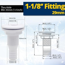 Airtak Bilge Pump Hose 1-1/8-Inch Diameter Plumbing Installation Kit | 6 FT Premium Quality Kink-Free Flexible PVC Hose | Includes 2 Hose Clamps and Thru-Hull Fitting