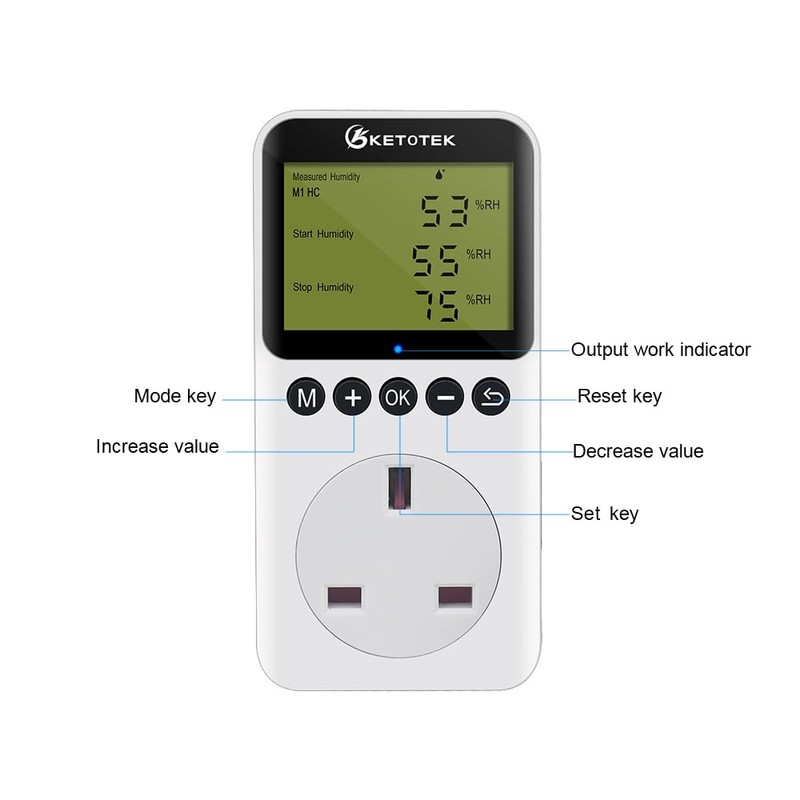 KETOTEK Digital Humidity Controller Plug Socket with Sensor Probe, Humidistat
