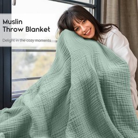 Yoofoss Muslin Blanket 100% Cotton Throw Summer Blanket Large 50" x 60" for Bed Couch 6-Layer Gauze Blanket for Adults Lightweight and Breathable Dark Green