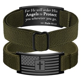 Jesvo Cross Bracelet for Men Boys, Green American Flag Military Bible Verse Christian Religious Graduation Jewelry Gifts Teen Teenage Kids Boys Age Son Psalm 91:11