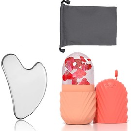 El rodillo de hielo facial y la almohadilla de gua sha alivian la hinchazón del rostro y los ojos; además, son reutilizables y a prueba de fugas.(Pink)