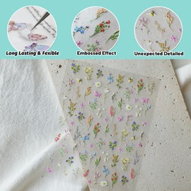 CESTSIREN Wild Flower Nail Art Stickers, Embossed Floral Nail Decals,Nail Art Design, Self-Adhesive, Nail Accessories for Women, Nail Art Supplies