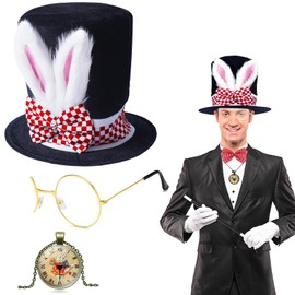 QLINLEAF 3 Pcs Easter White Rabbit Hat Set-Include Rabbits Ears Topper Plush Hat monocle Rabbit Retro Clock Cosplay Bunny Dress Up Costume Accessories