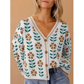 Saodimallsu Womens Floral Print V Neck Cardigan Open Front Button Down Knit Sweater Long Sleeve Loose Fashion Tops White