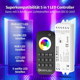 GIDEALED 2.4G Wireless 5-in-1 LED Strip Controller with RF Remote Control, Dimming 5 Channel RGBWW LED Controller for CCT RGB RGBW RGBCCT and 5 White Light Strips DC12-24V