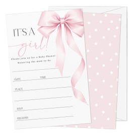Gsauto Baby Shower Invitations for Girl, 25 Pink Bow Double-Sided Gender Reveal Invites with Envelopes, Bowknot Invitation Cards for Party Favor Decorations -A08